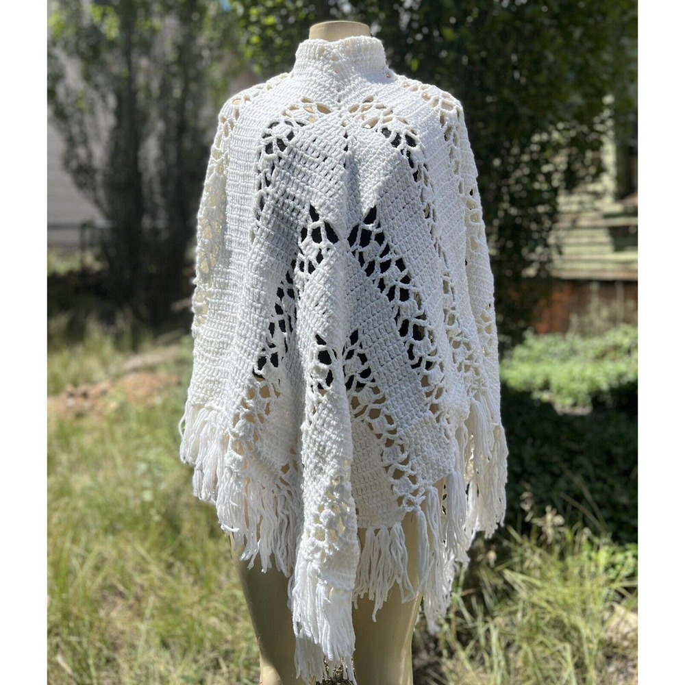 White Handmade Knit Crochet Poncho Shawl With Fringe Boho Festival Cape